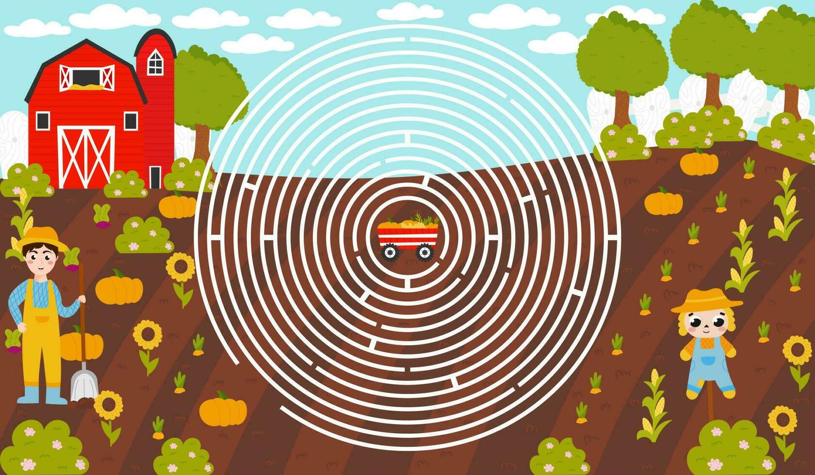 cerchio labirinto labirinto con contadino e spaventapasseri, raccogliere e fienile nel cartone animato stile, stampabile educativo puzzle per bambini, autunno gioco vettore