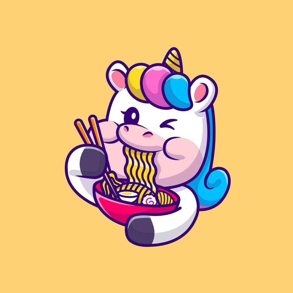 carino unicorno mangiare ramen spaghetto cartone animato vettore icona illustrazione. animale cibo icona concetto isolato premio vettore. piatto cartone animato stile