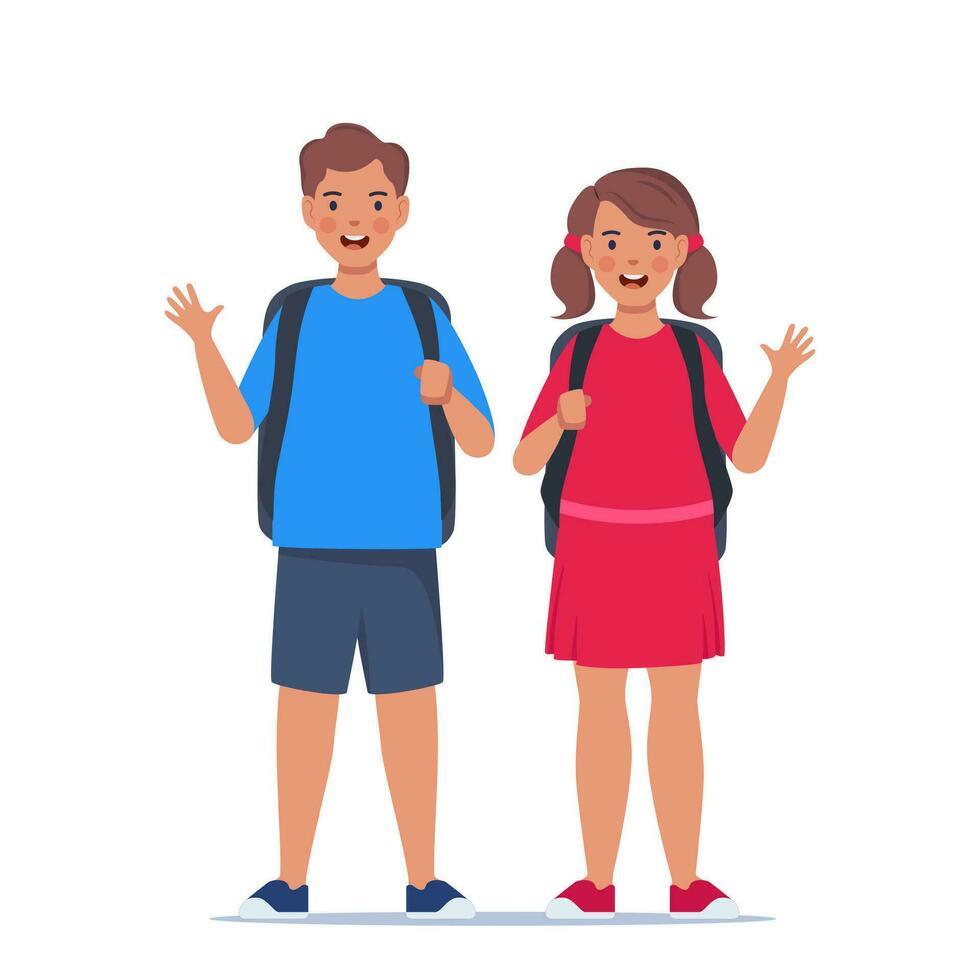 coppia di ragazzo e ragazza. ritratto di contento scuola bambini con zaini. Due bambini in piedi insieme. indietro per scuola. vettore illustrazione.