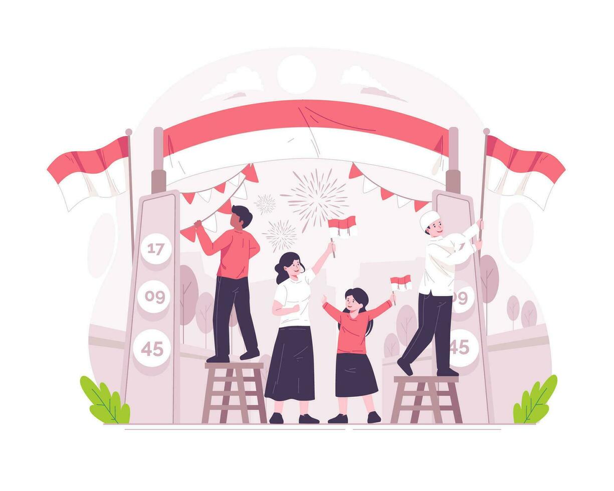 persone decorare il cancello per celebrare Indonesia indipendenza giorno su agosto 17. Indonesia indipendenza giorno concetto illustrazione vettore