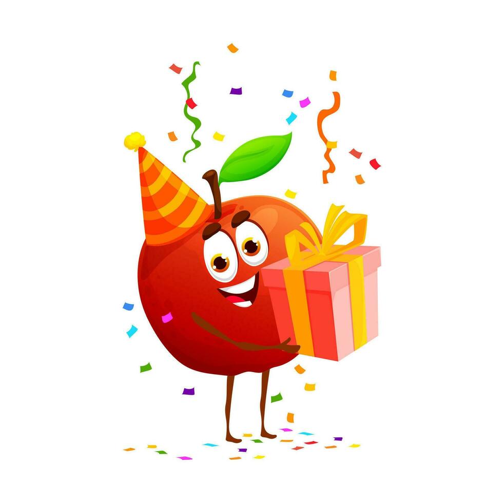 cartone animato divertente Mela frutta personaggio su compleanno vettore