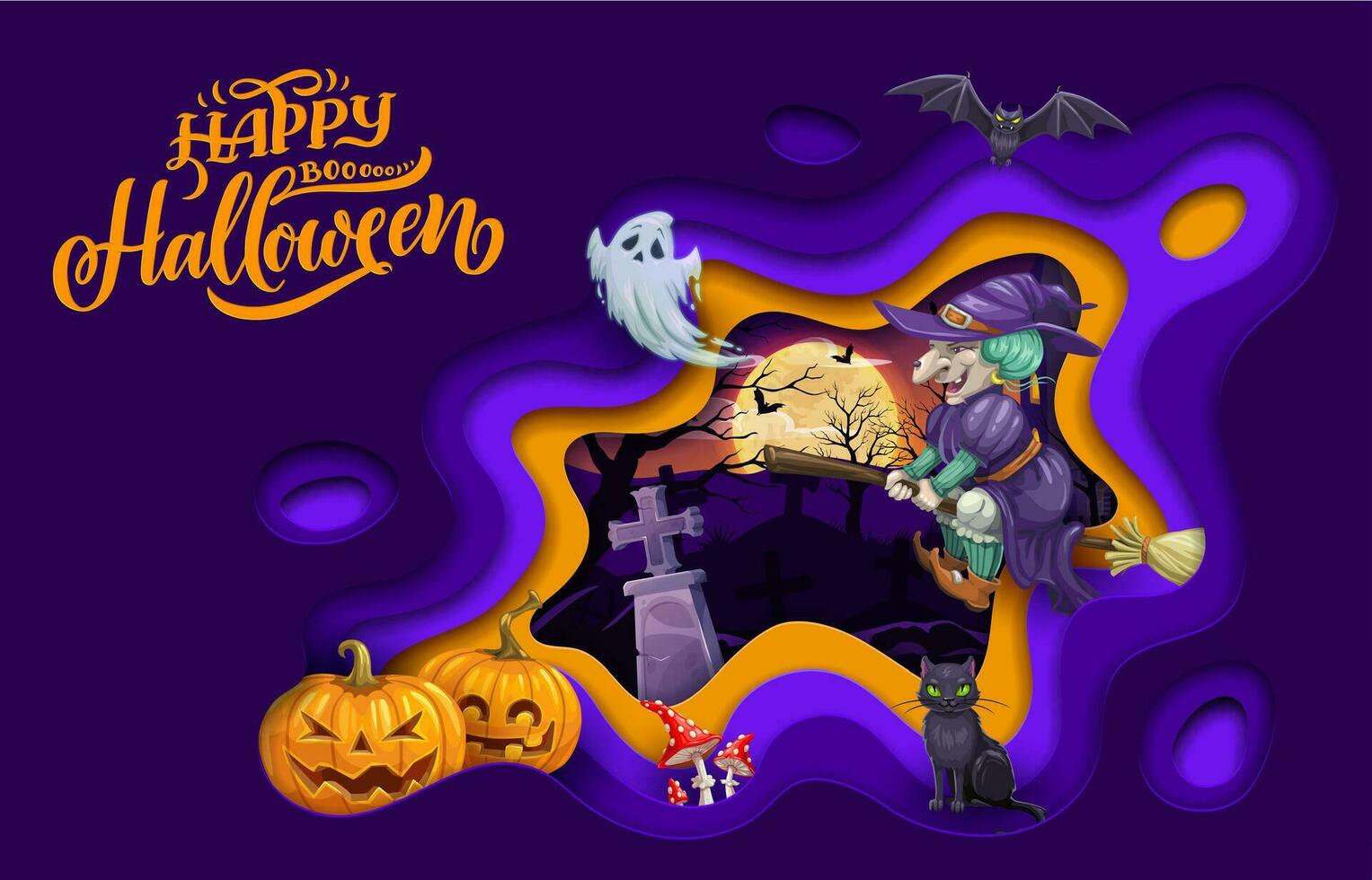 Halloween carta tagliare cartone animato strega e zucche vettore