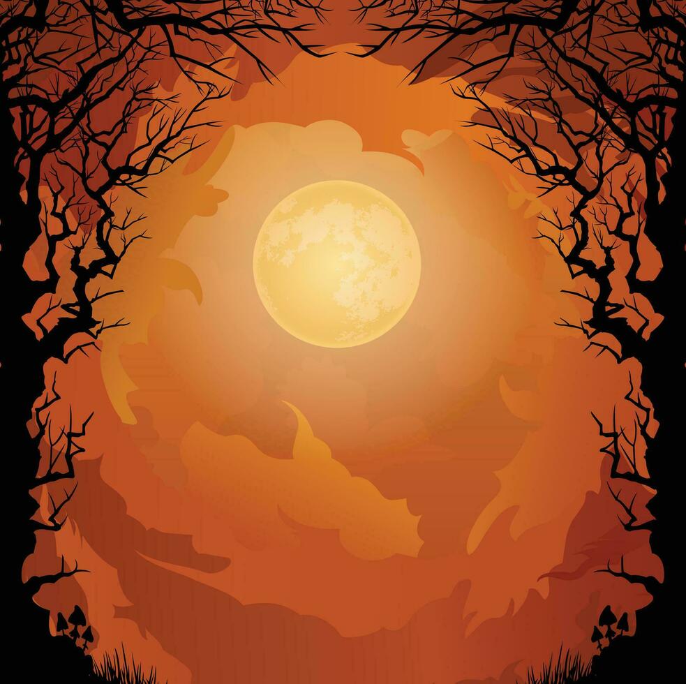 Halloween carta modello con pieno Luna, spaventoso castello, zucche e pipistrelli. vettore