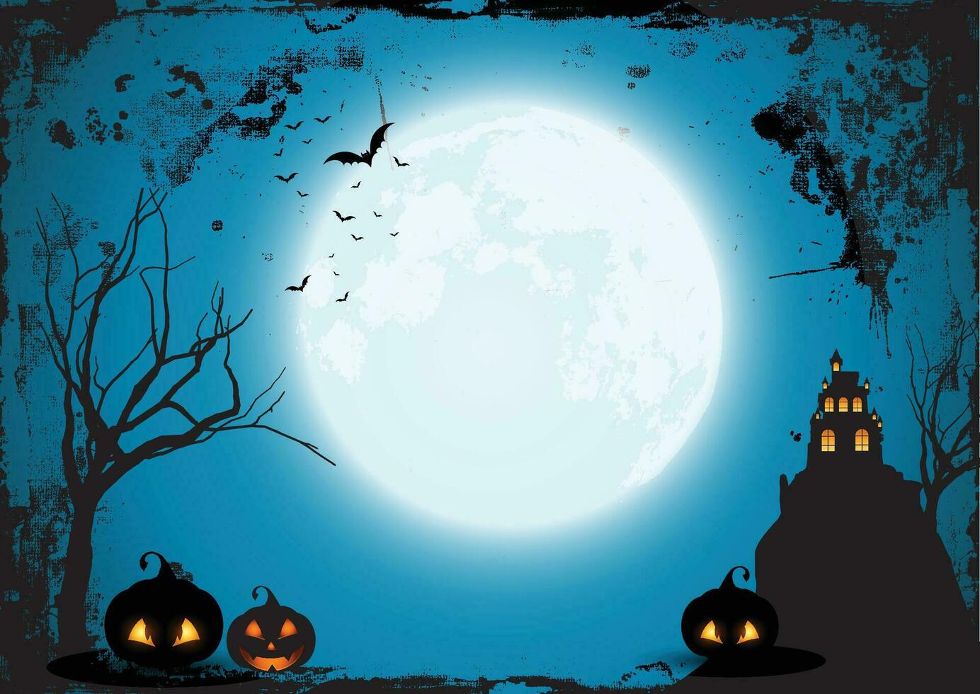 Halloween carta modello con pieno Luna, spaventoso castello, zucche e pipistrelli. vettore