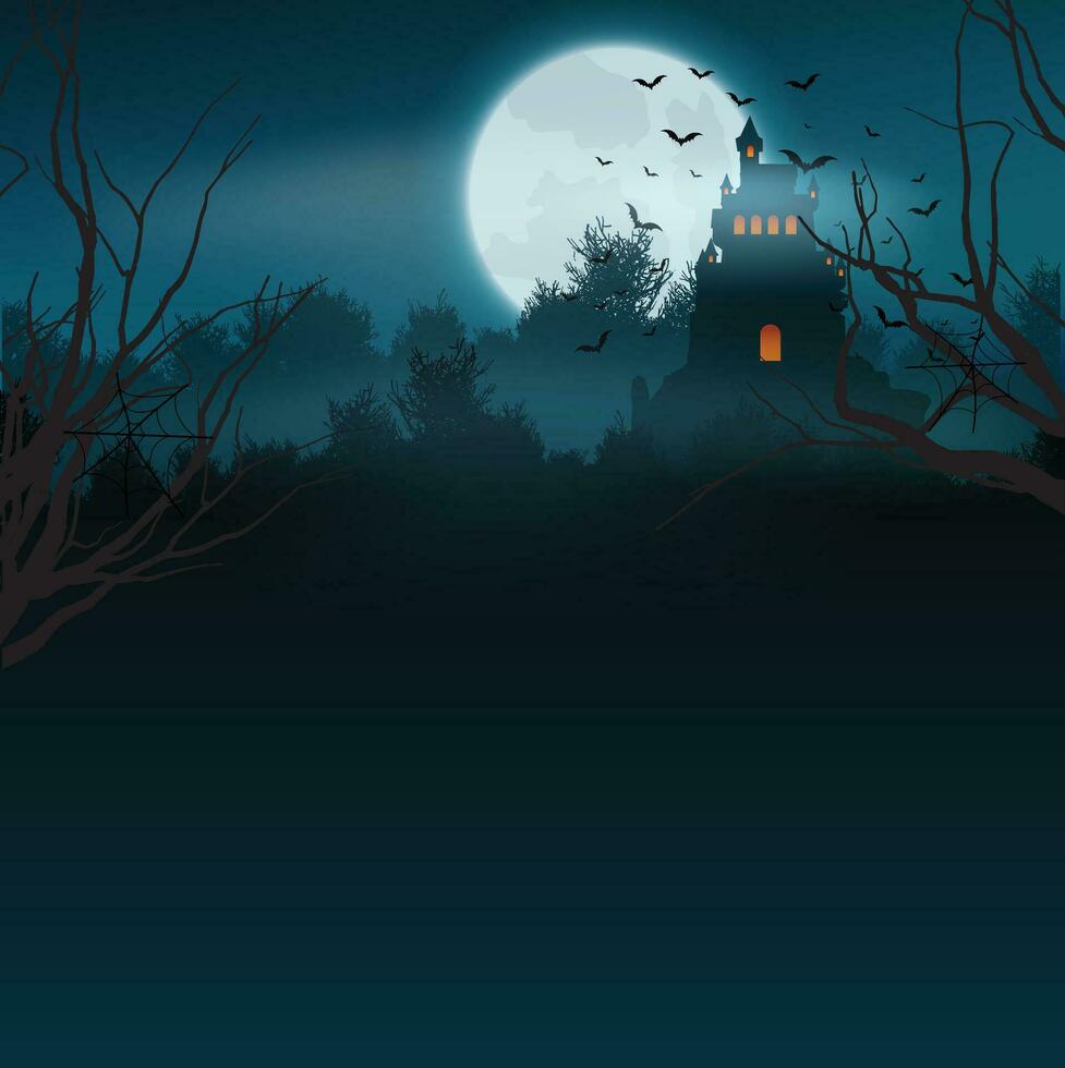 Halloween notte sfondo, zucche e buio castello. vettore illustrazione.