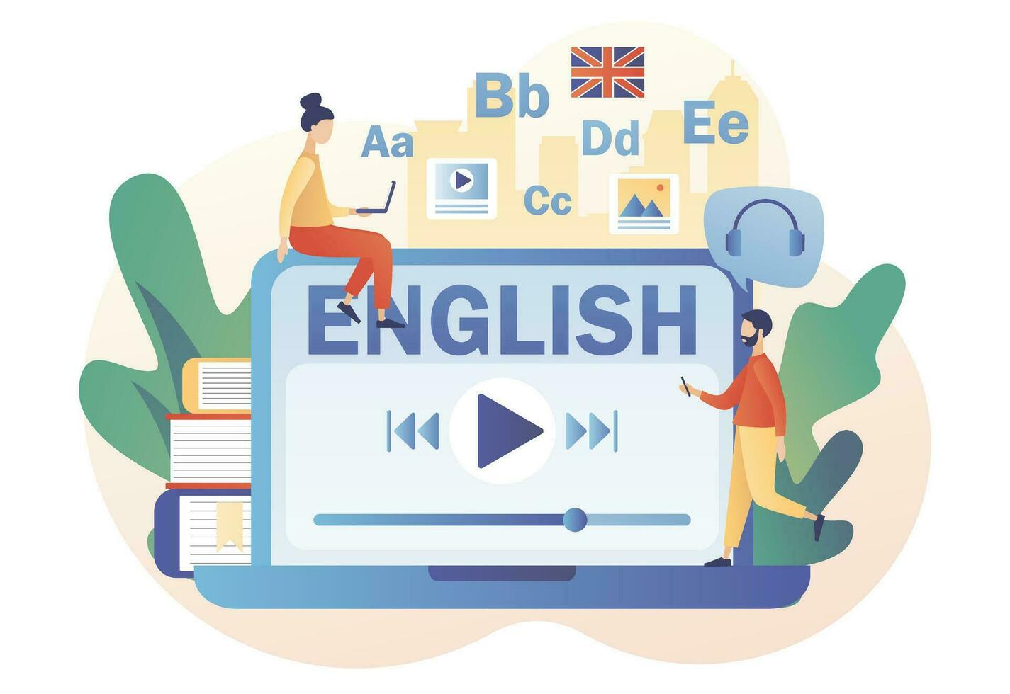 minuscolo persone apprendimento inglese con il computer portatile e libri. linguaggio corsi o scuola in linea. distanza formazione scolastica. moderno piatto cartone animato stile. vettore illustrazione su bianca sfondo