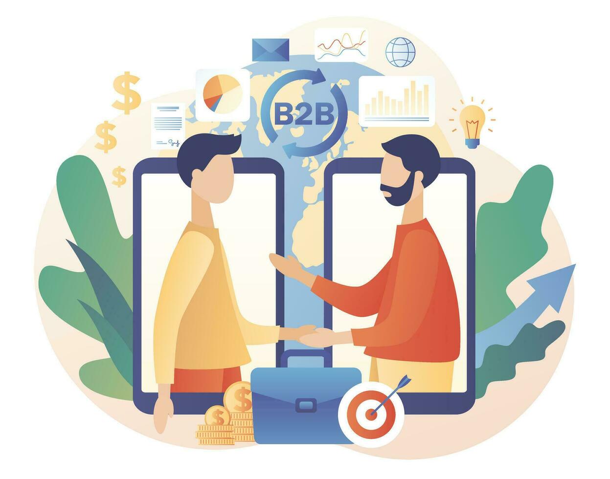 b2b. attività commerciale per attività commerciale. minuscolo uomini d'affari accedere in accordo in linea. riuscito attività commerciale collaborazione. marketing strategia, commercio. moderno piatto cartone animato stile. vettore illustrazione