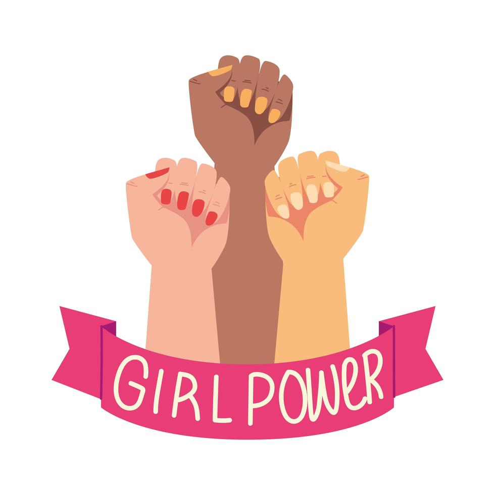 festa della donna, diverse mani in alto girl power ribbon vettore