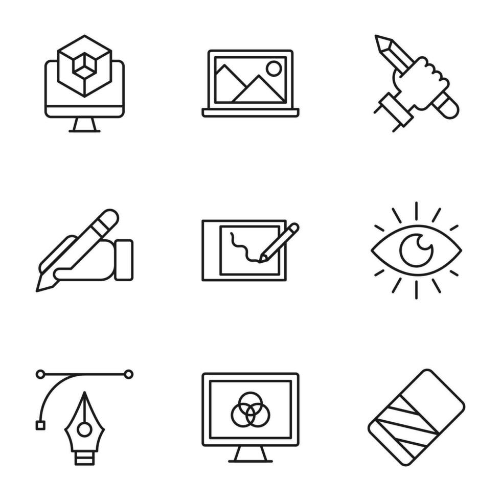 collezione di vettore isolato segni disegnato nel linea stile. modificabile ictus. icone di cubo su computer, computer portatile, artista, gomma, grafico tavoletta