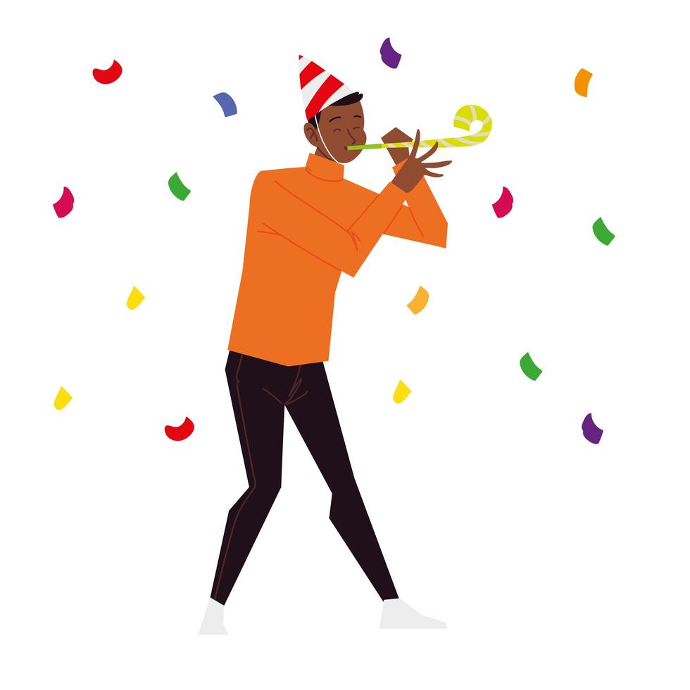 uomo con cappello da festa fischietto e celebrazione dei coriandoli vettore