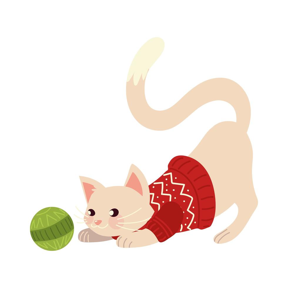 natale, simpatico gatto con maglione e palla celebrazione animale design isolato vettore