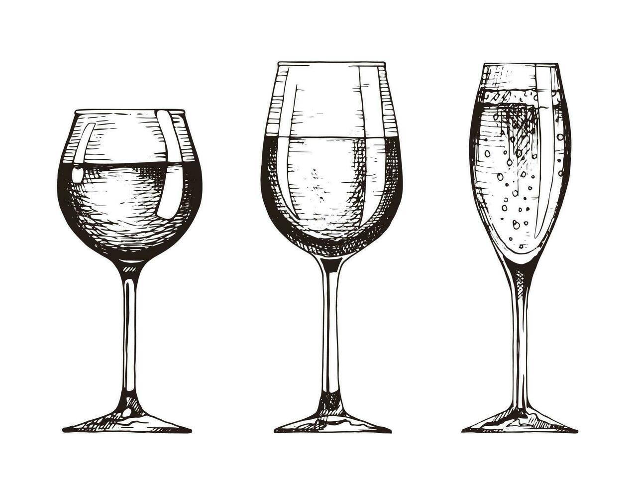 impostato di bicchieri di vino. rosso vino, bianca vino e Champagne. vettore illustrazione nel mano disegnato retrò stile