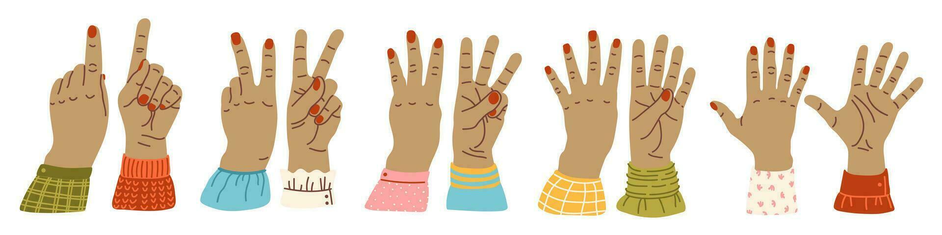 mani contare, conteggio su il dita mano gesto vettore illustrazione isolato. numeri su il mani. mano macchia. diverso nazionalità gare diverso società cartone animato stile
