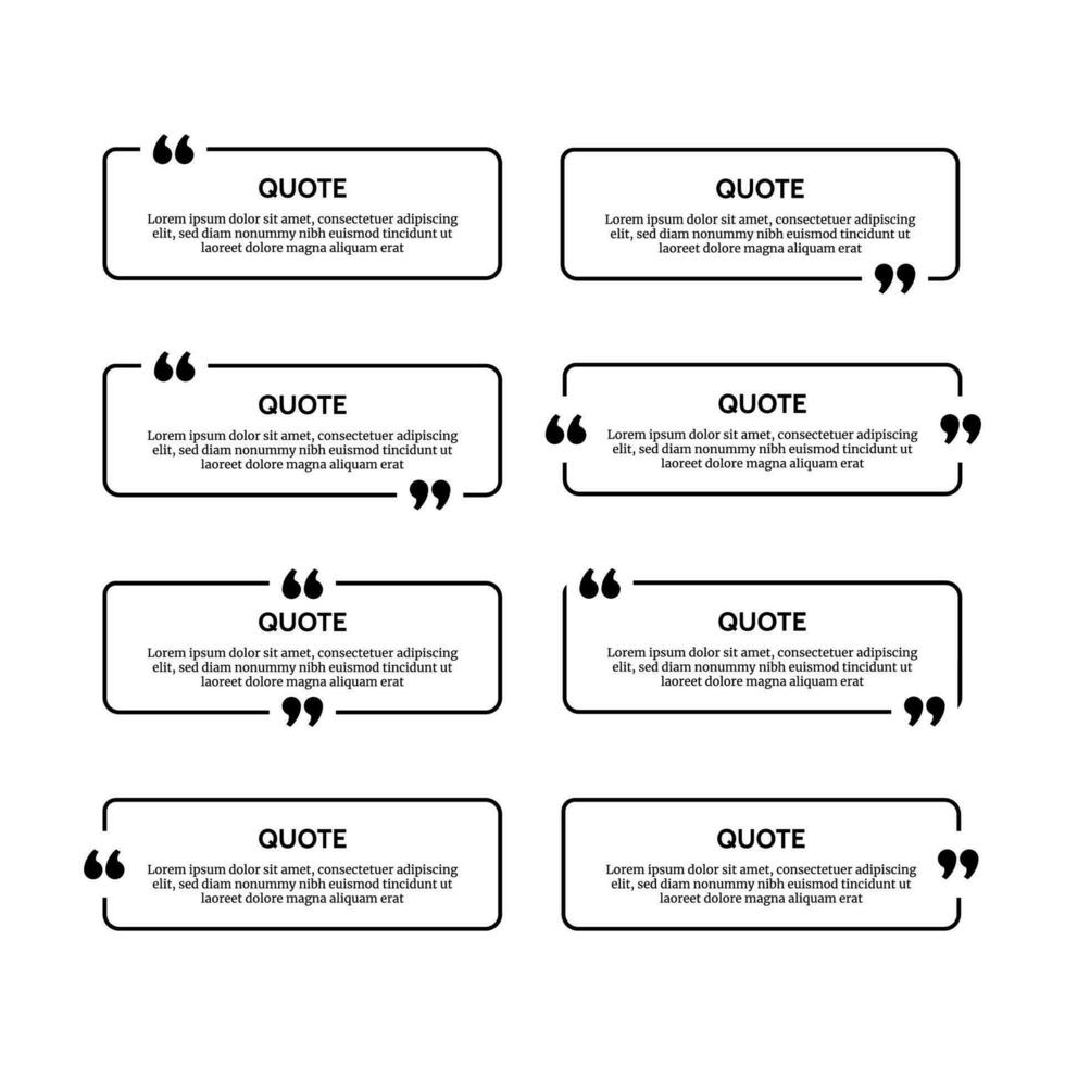 impostato di otto nero arrotondato rettangolare citazione scatola montatura isolato su bianca sfondo. vettore illustrazione