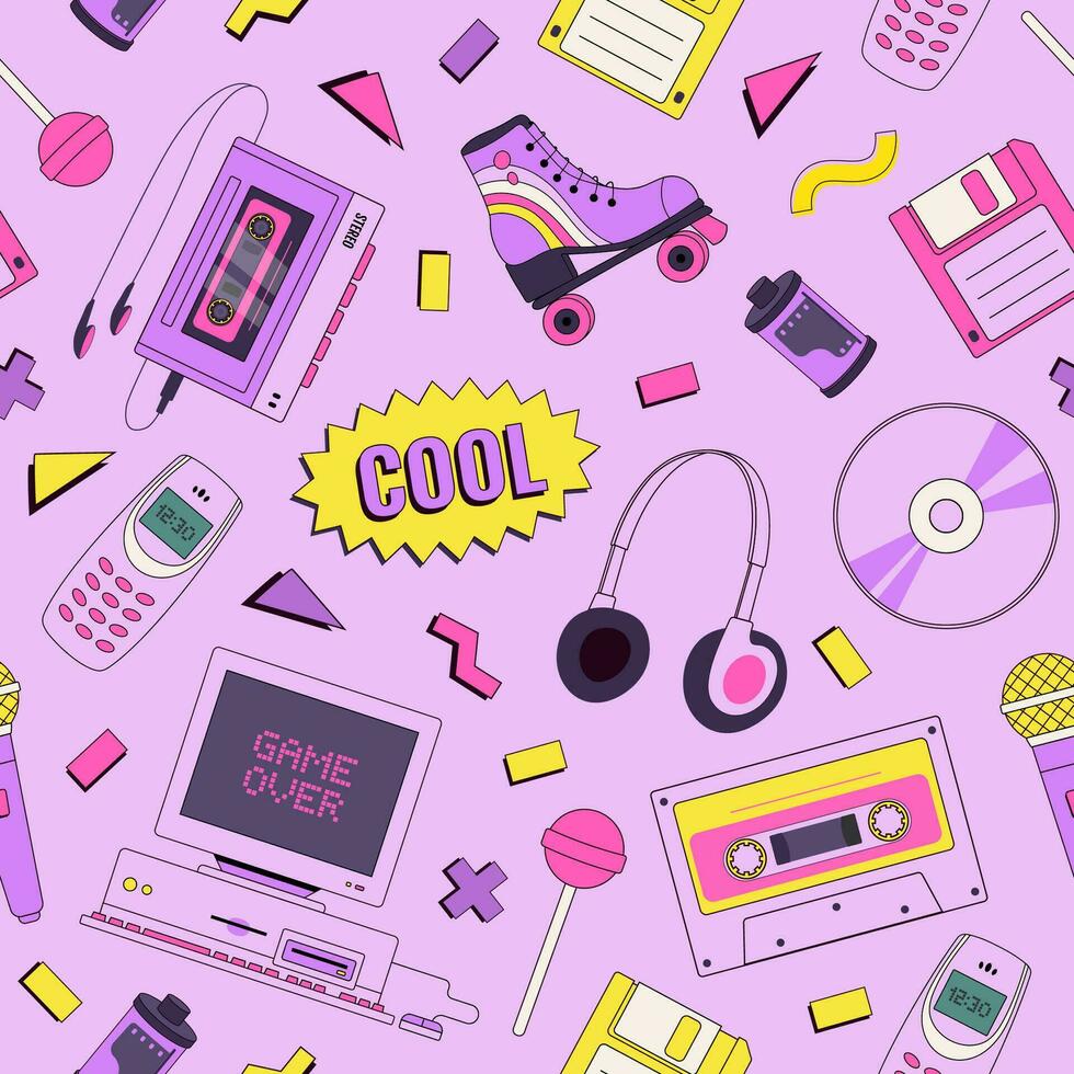 retrò stile senza soluzione di continuità modello con anni 90 elementi elementi. nostalgia per anni '90. pop arte Stampa. vecchio pc, rullo, cassetta, Audio giocatore, musica, disco vettore