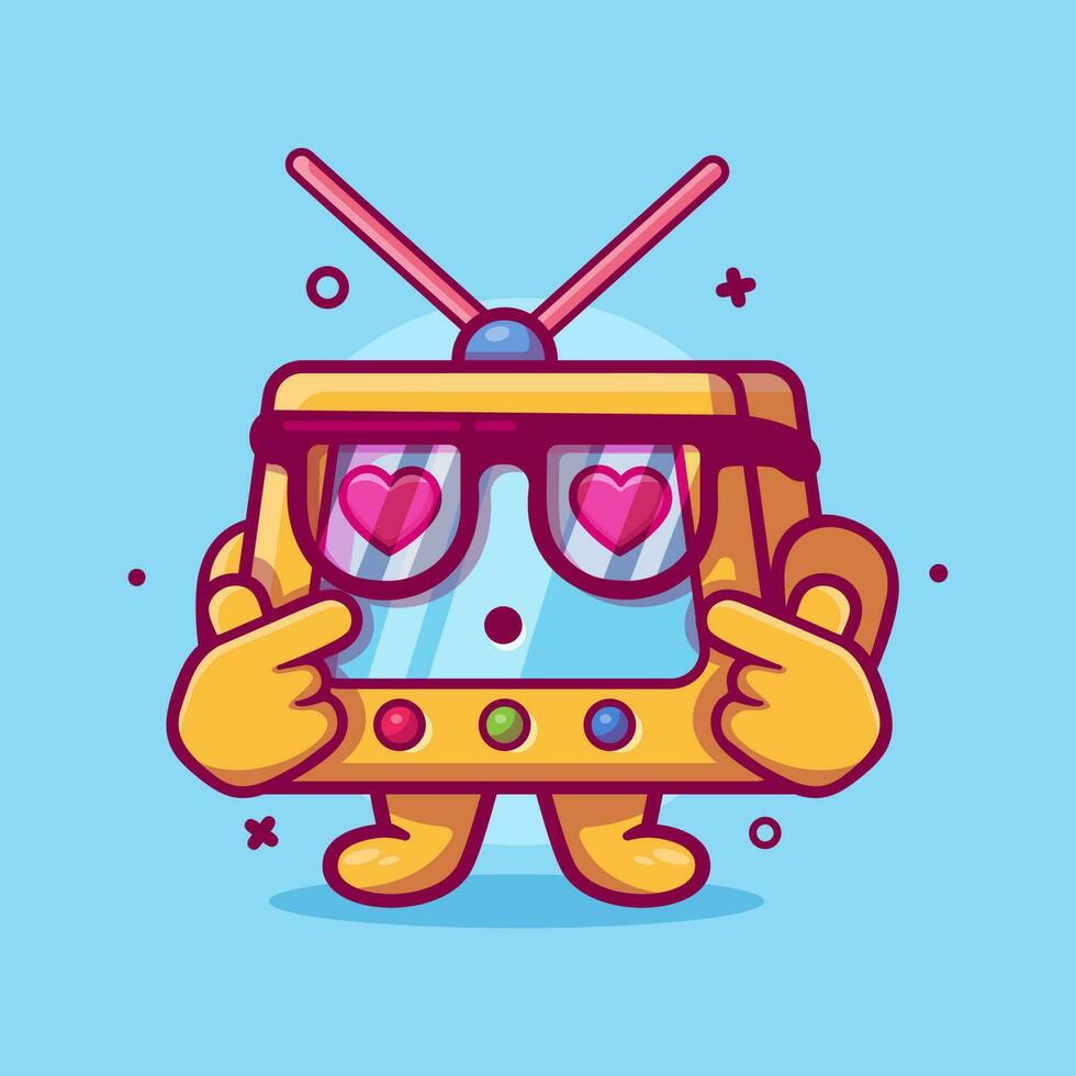 kawaii televisione personaggio portafortuna con amore cartello mano gesto isolato cartone animato nel piatto stile design vettore