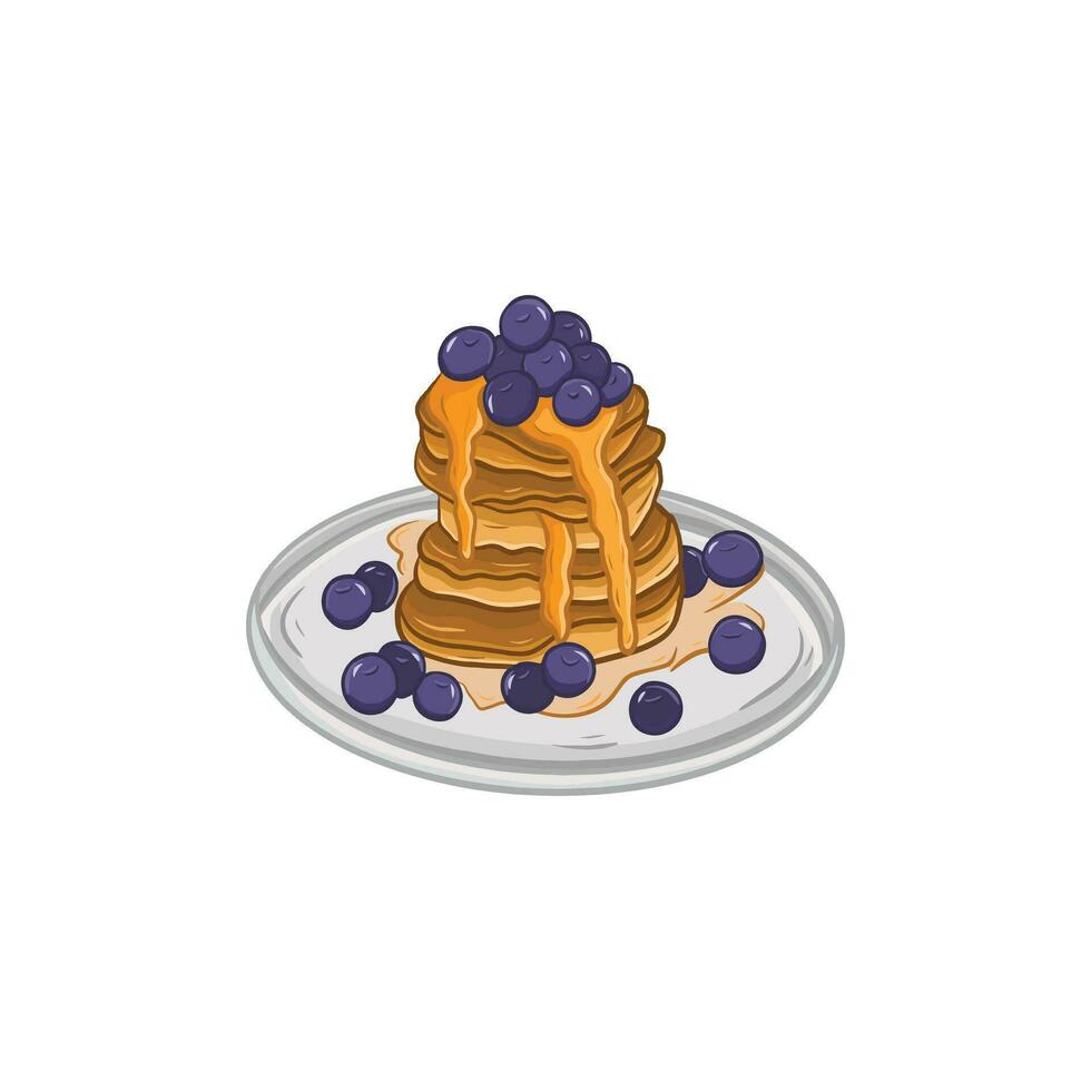 Pancakes con mirtilli e sciroppo su un' piatto. vettore illustrazione