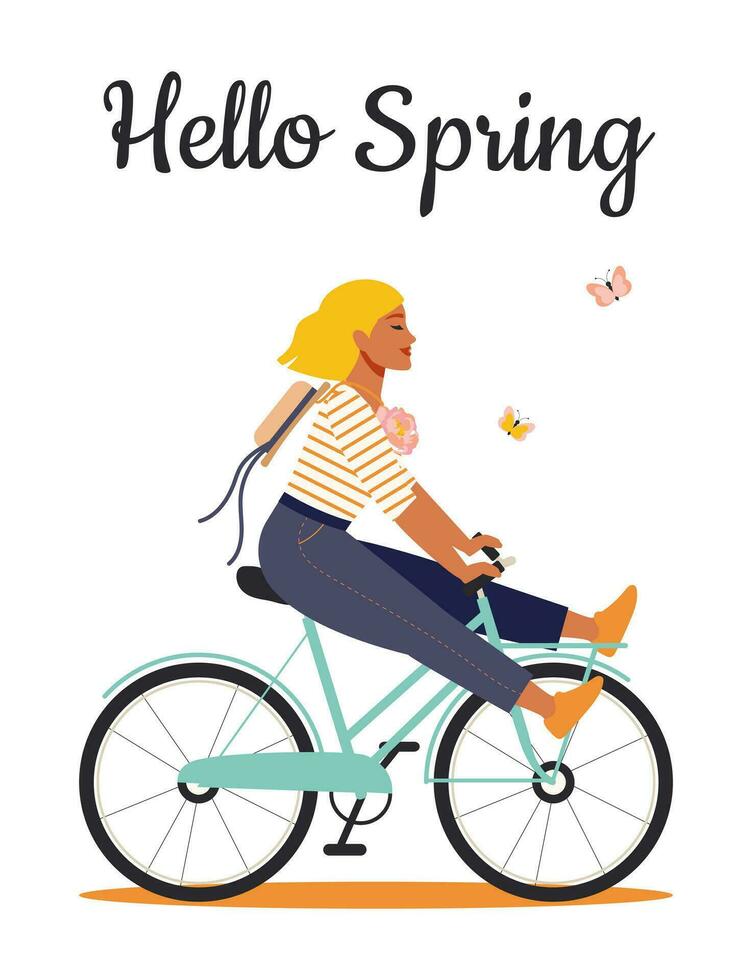 Ciao primavera. un' contento donna con un' peonia su un' a strisce maglietta cavalcate un' bicicletta e gioisce nel il inizio di molla, miglioramento sua fisico e mentale Salute su un' bianca sfondo. vettore. vettore
