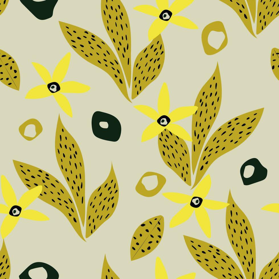 astratto moderno le foglie con macchie e giallo esotico fiori su un' grigio sfondo. botanico di moda senza soluzione di continuità modello per tessili. vettore. vettore