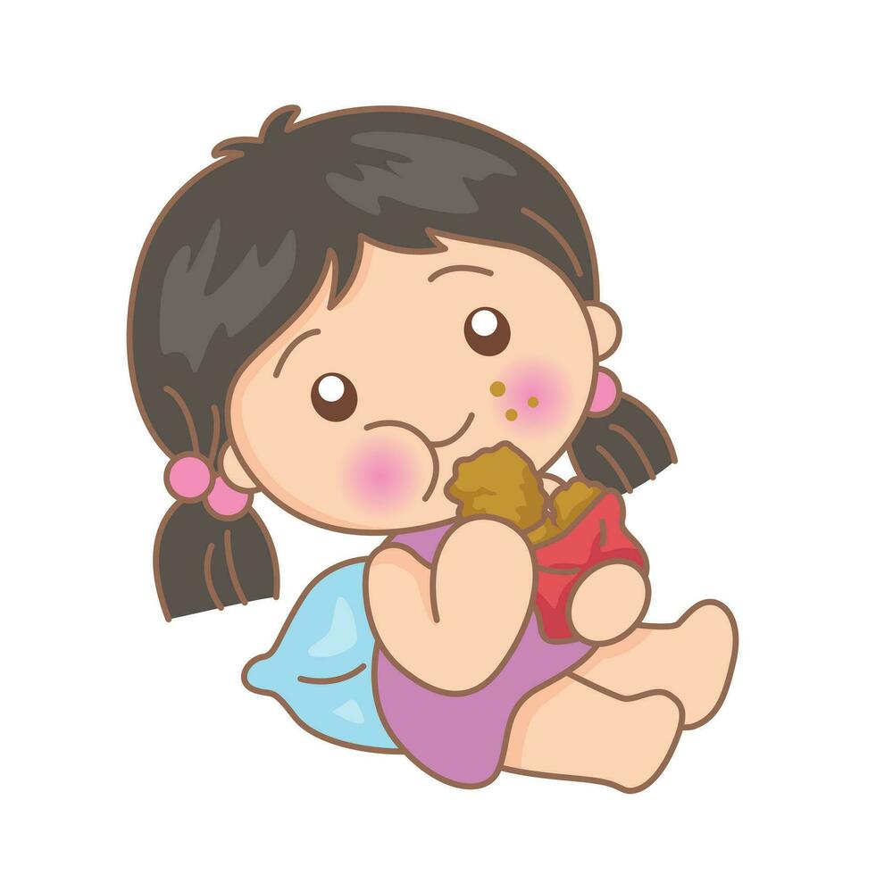 divertente ragazza bambini cartone animato piace per mangiare illustrazione vettore clipart etichetta