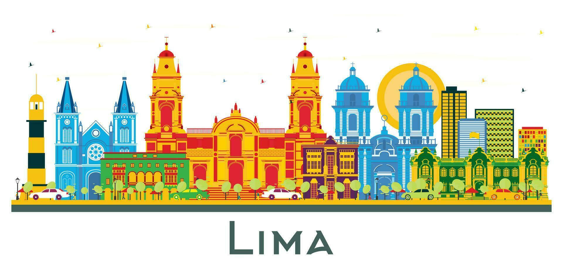 Lima Perù città orizzonte con colore edifici isolato su bianca. vettore