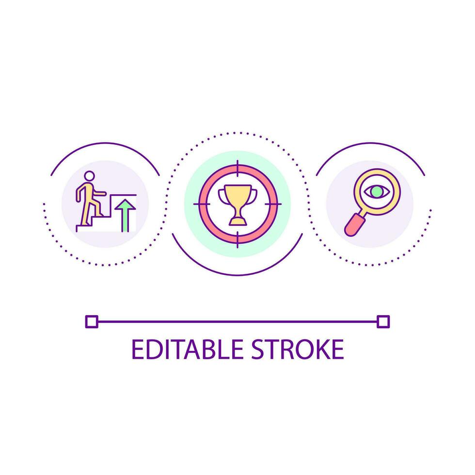 raggiungimento obiettivi ciclo continuo concetto icona. messa a fuoco su risultati. bersaglio obiettivi. personale crescita astratto idea magro linea illustrazione. isolato schema disegno. modificabile ictus vettore
