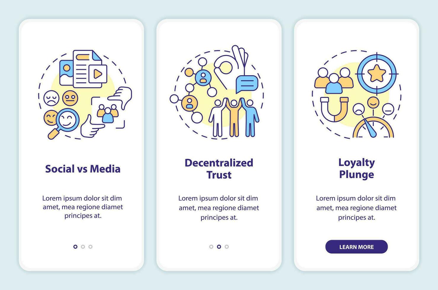 micro comunità tendenze onboarding mobile App schermo. Procedura dettagliata 3 passaggi modificabile grafico Istruzioni con lineare concetti. ui, ux, gui modello vettore