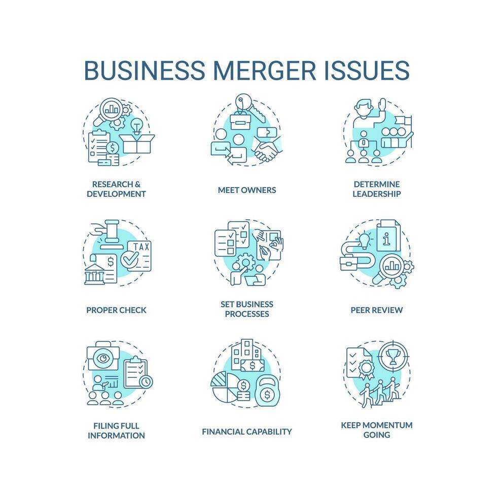 attività commerciale fusione problemi turchese concetto icone impostare. aziendale acquisizione idea magro linea colore illustrazioni. disposizione. isolato simboli. modificabile ictus vettore