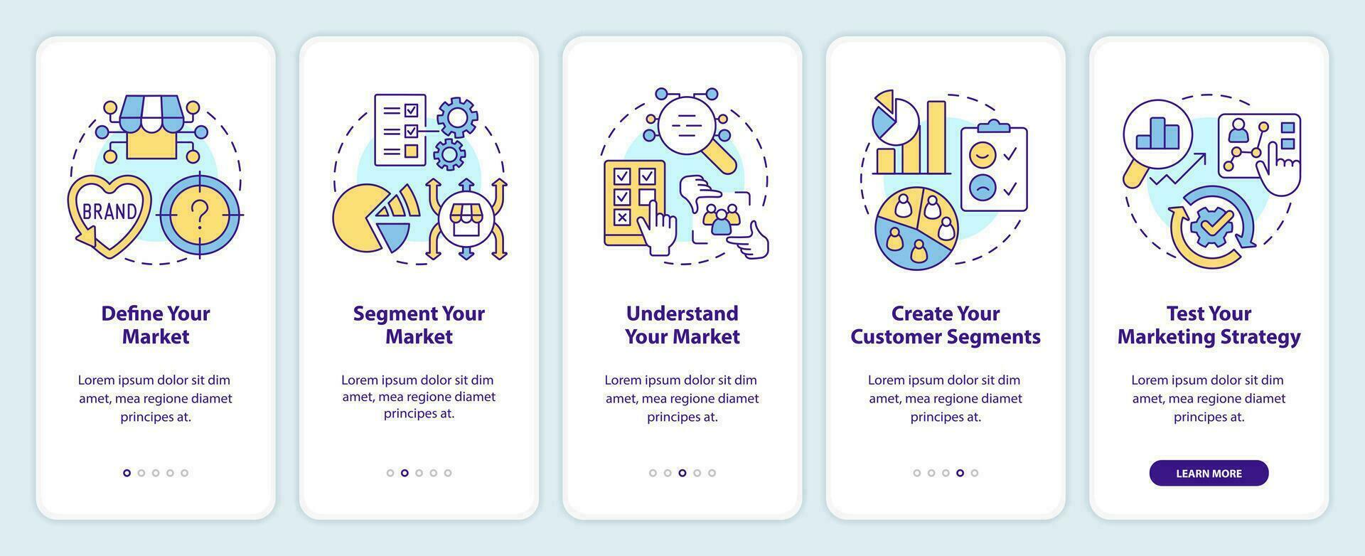 ottenere iniziato con segmentazione onboarding mobile App schermo. Procedura dettagliata 5 passaggi modificabile grafico Istruzioni con lineare concetti. ui, ux, gui modello vettore