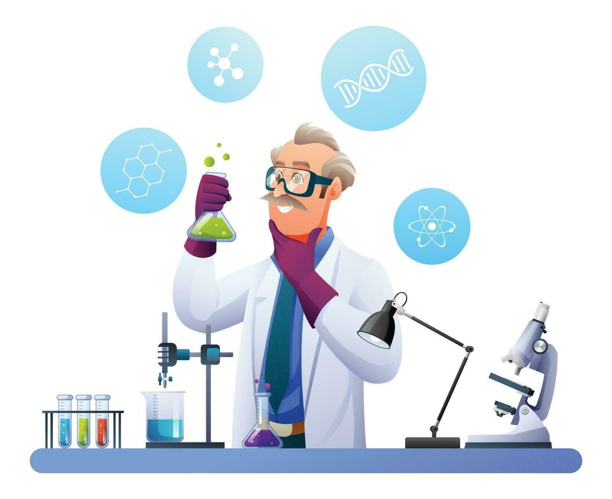 scienziato professoressa conduzione esperimenti nel scienza laboratorio. scientifico ricerca concetto. vettore cartone animato illustrazione