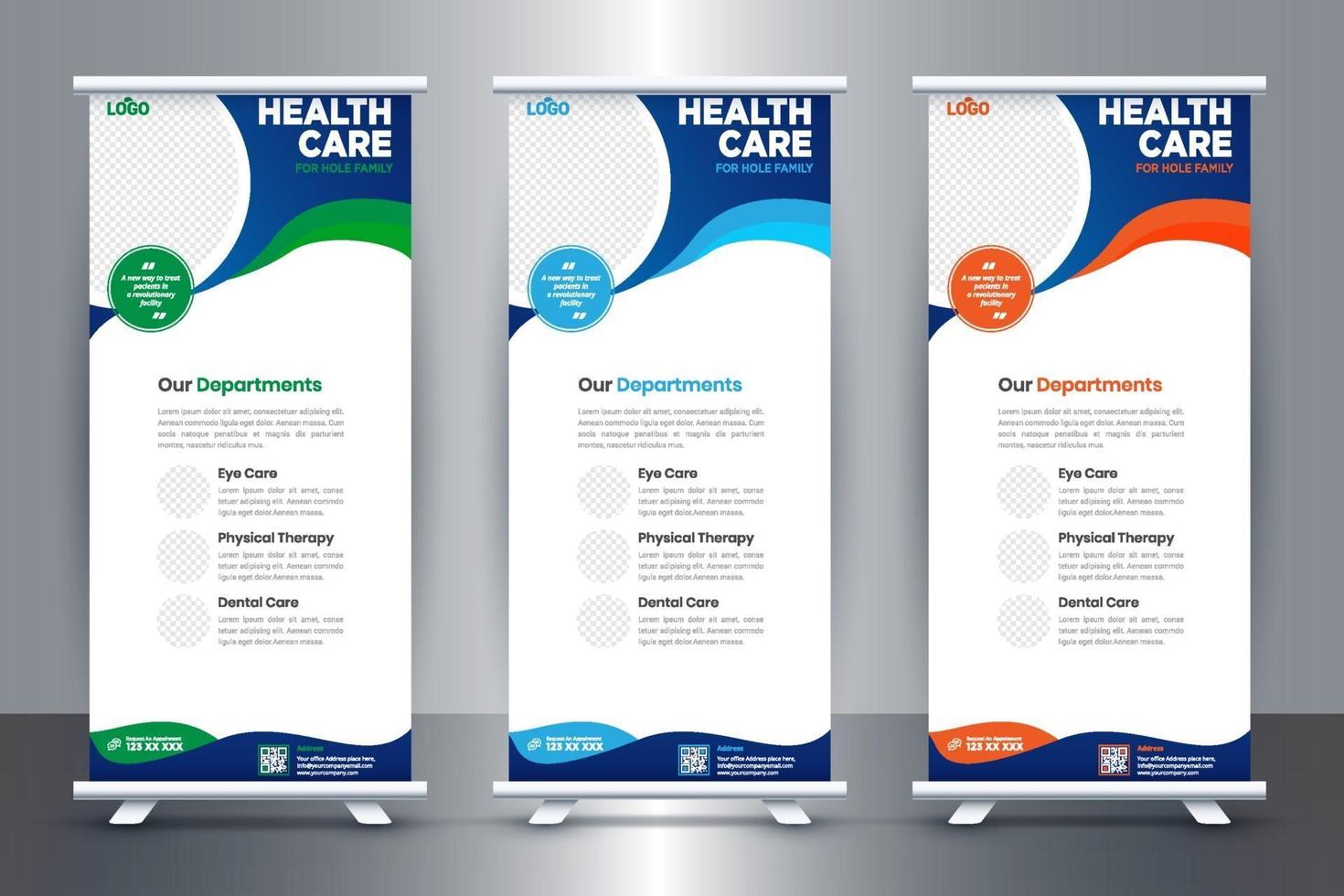 design di banner roll up medico gratuito per ospedali e assistenza sanitaria vettore