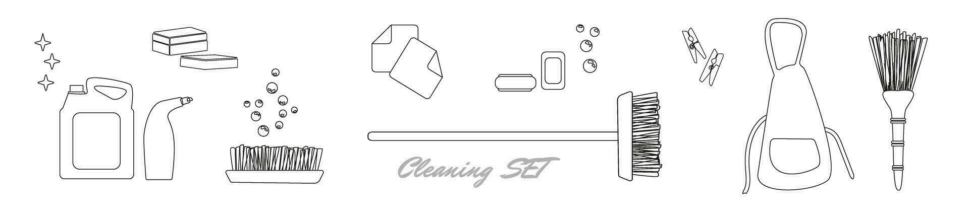 pulizia servizio linea icone impostato vettore illustrazione. mano disegnato schema attrezzatura e utensili di domestica. pulizia impostato