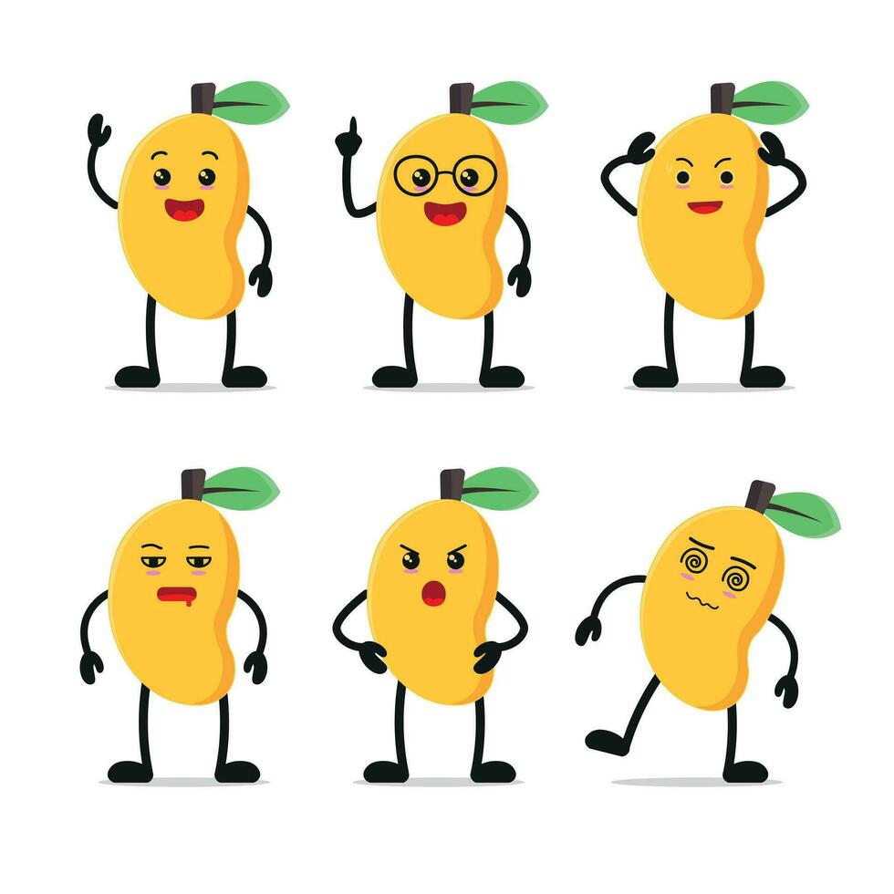 carino contento Mango personaggio diverso posa attività. frutta diverso viso espressione vettore illustrazione impostare.