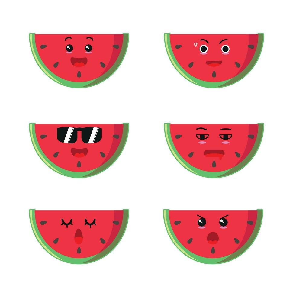 carino metà anguria personaggio diverso posa attività. divertente frutta diverso viso espressione vettore illustrazione impostare.