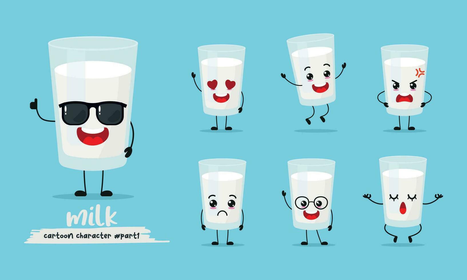 carino un' bicchiere di latte cartone animato con molti espressioni. diverso attività posa vettore illustrazione piatto design impostato con occhiali da sole.