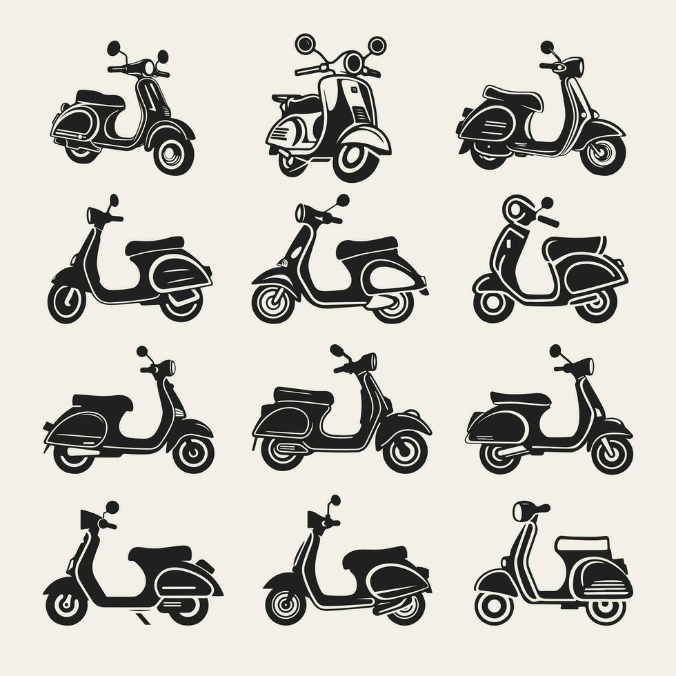 scooter silhouette icone impostato logo nero motociclo veicolo sagome vettore illustrazione