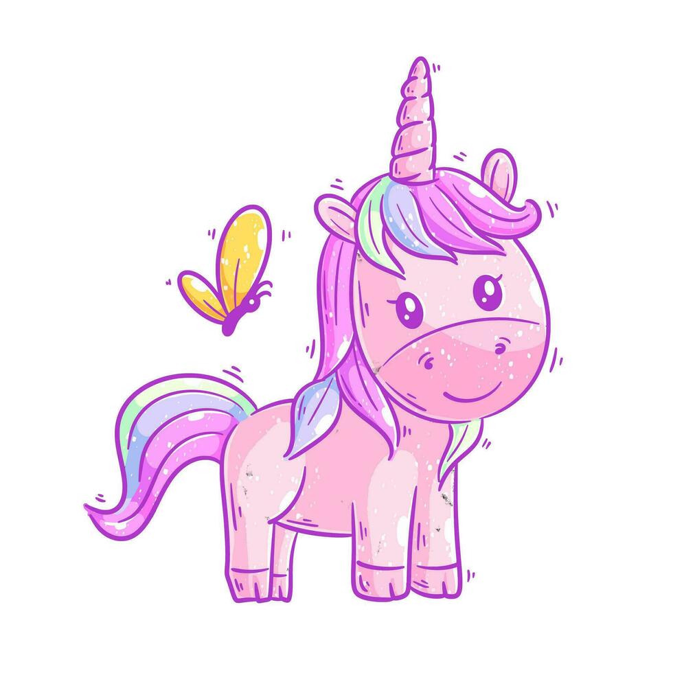 carino unicorno in piedi con farfalla cartone animato vettore