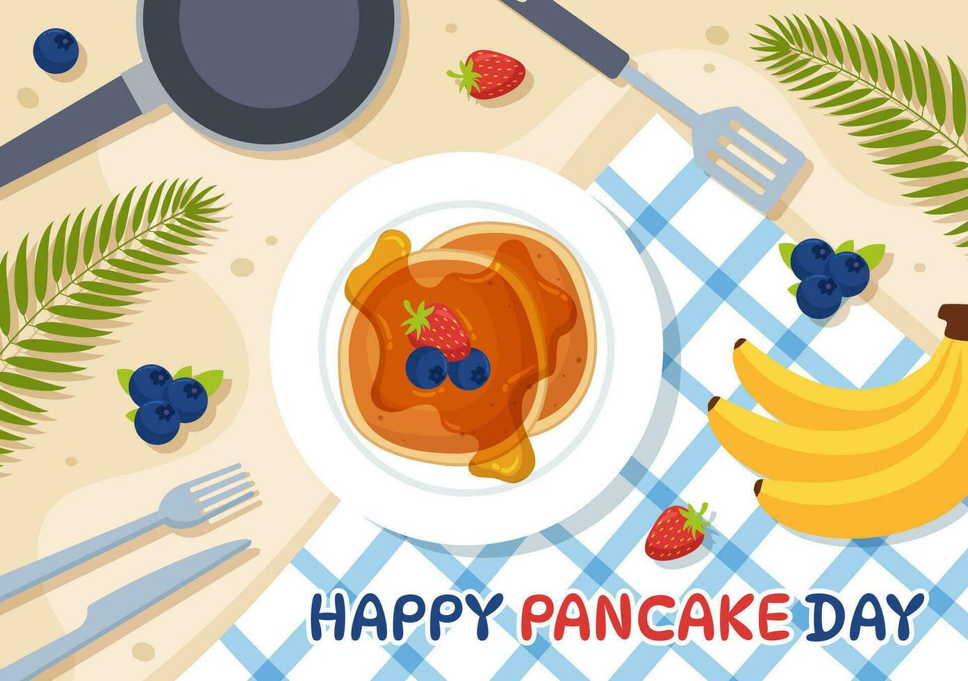 pancake giorno vettore illustrazione un' piatto di Pancakes sormontato con sciroppo, ciliegie e mirtilli nel fatti in casa forno piatto cartone animato mano disegnato modelli