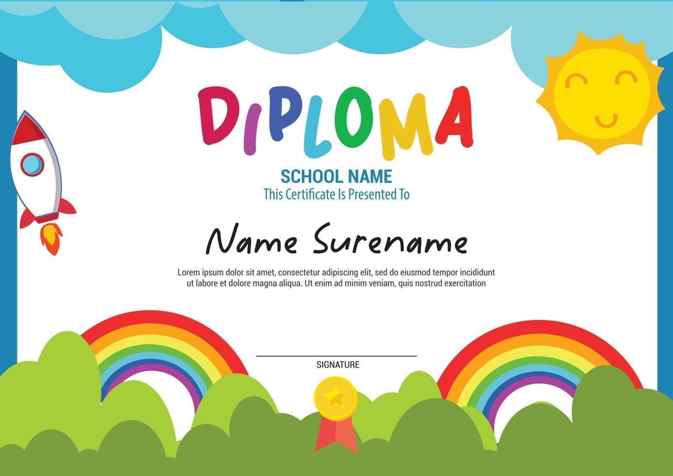 modello di diploma di scuola multiuso certificato bambini con arcobaleno vettore