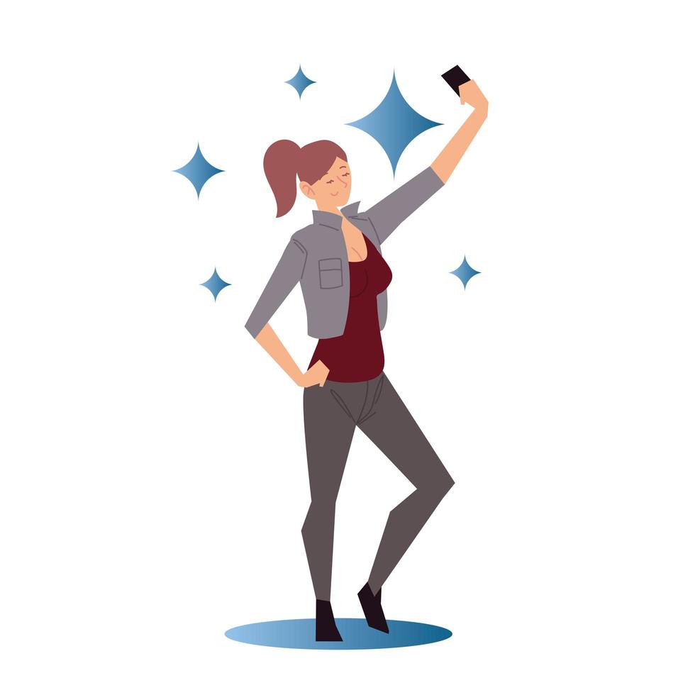 giovane donna utilizza lo smartphone prendendo un selfie vettore