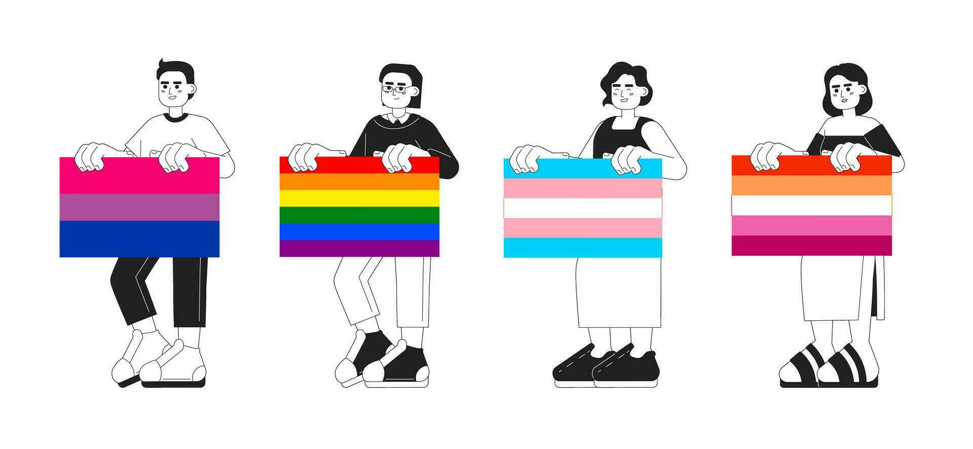 ottimista lgbt persone hold orgoglio bandiere monocromatico concetto vettore individuare illustrazioni pacchetto. Genere diversità 2d piatto bw cartone animato personaggi per ragnatela ui design. isolato modificabile creativo eroe immagini impostato