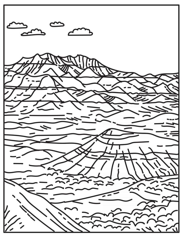 formazioni rocciose stratificate nel parco nazionale badlands situato nel sud dakota stati uniti linea mono o monoline in bianco e nero line art vettore