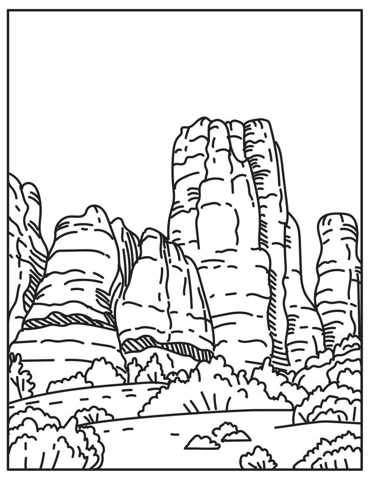 Gli aghi nell'angolo sud-est del parco nazionale di Canyonlands nello Utah Stati Uniti linea mono o monolinea in bianco e nero vettore