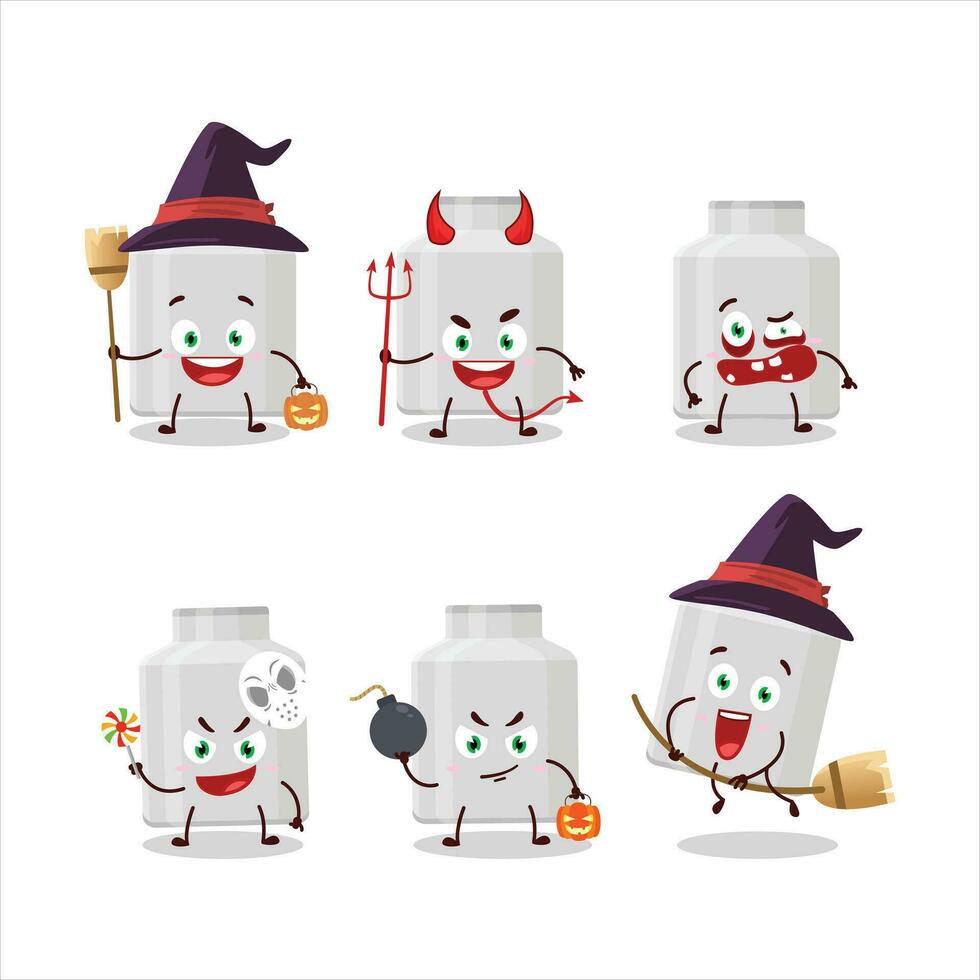 Halloween espressione emoticon con cartone animato personaggio di latte può vettore