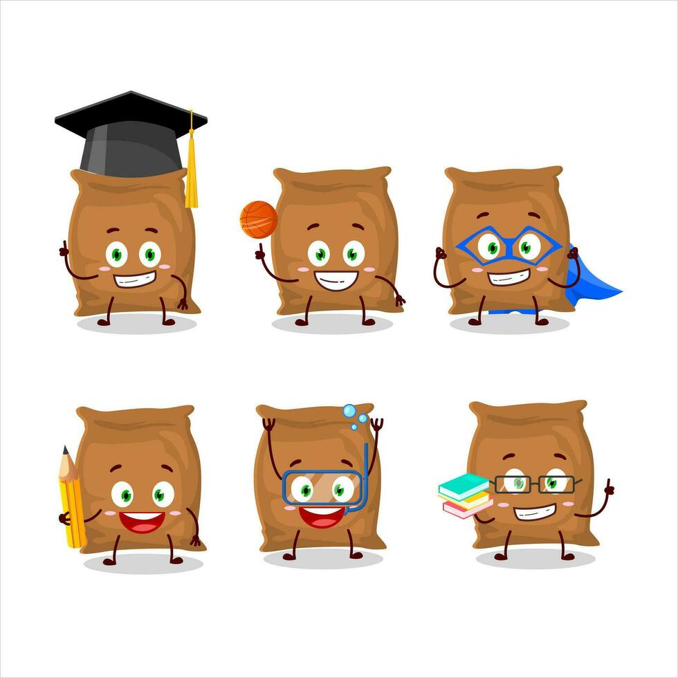 scuola alunno di Farina sacco cartone animato personaggio con vario espressioni vettore
