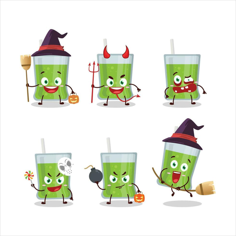 Halloween espressione emoticon con cartone animato personaggio di verde Mela succo vettore