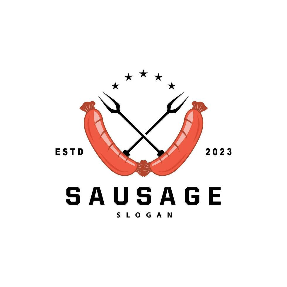 salsiccia logo, vettore carne forchetta e il salsiccia cibo, ristorante ispirazione disegno, Vintage ▾ retrò rustico