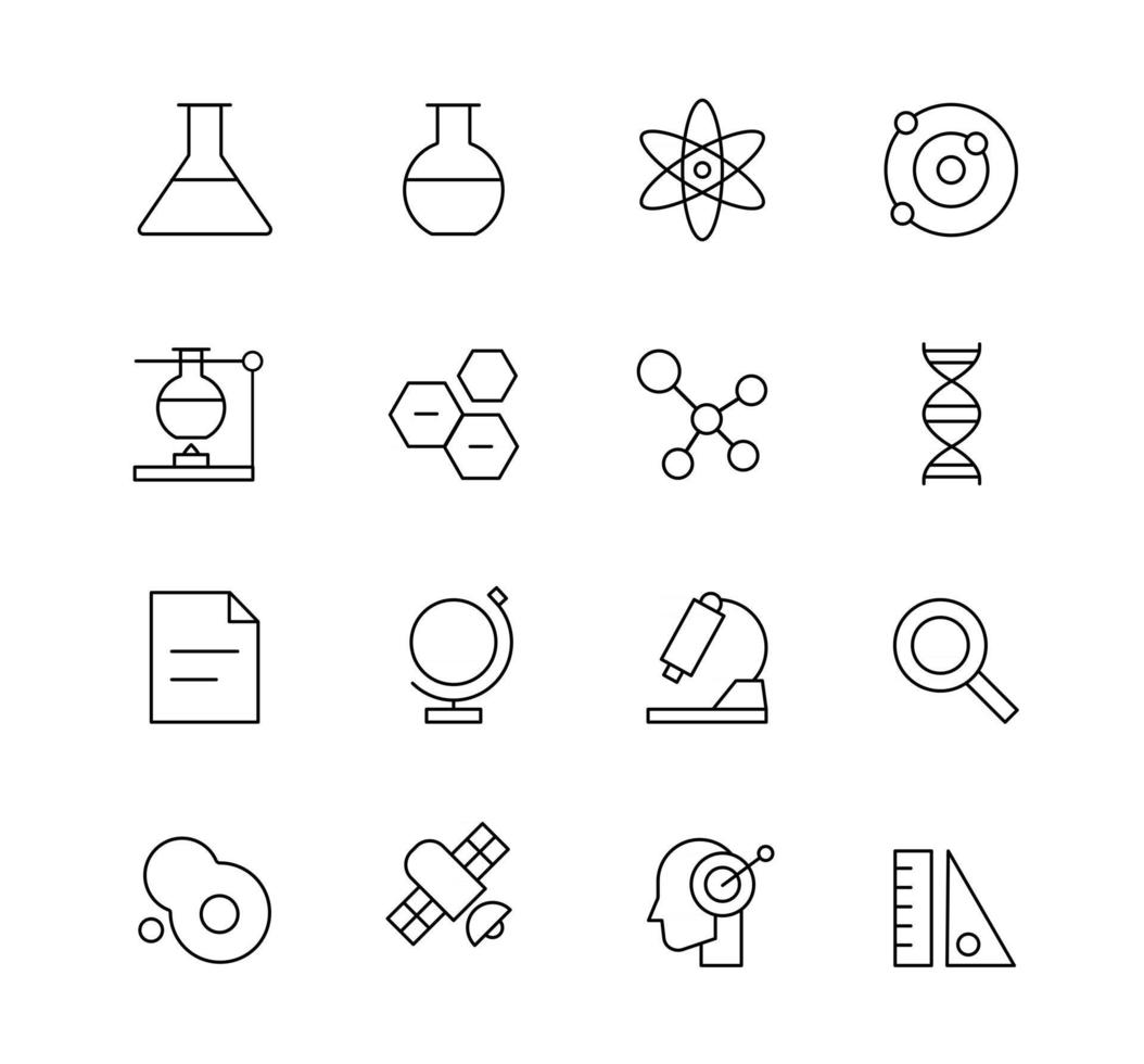 collezione di icone di oggetti di scienza e tecnologia. design semplice della linea nera. vettore