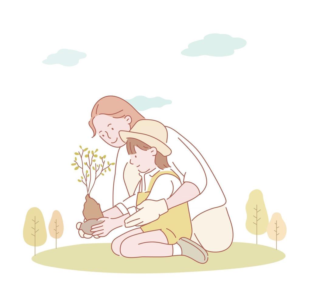 madre e figlia stanno piantando piantine insieme. illustrazioni di disegno vettoriale stile disegnato a mano.