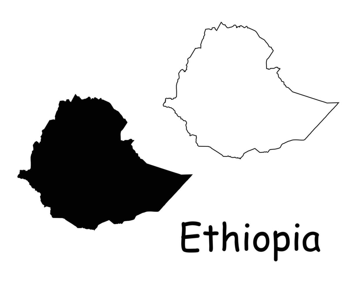Etiopia carta geografica. etiope nero silhouette e schema carta geografica isolato su bianca sfondo. federale democratico repubblica di Etiopia territorio confine confine linea icona cartello simbolo clipart eps vettore